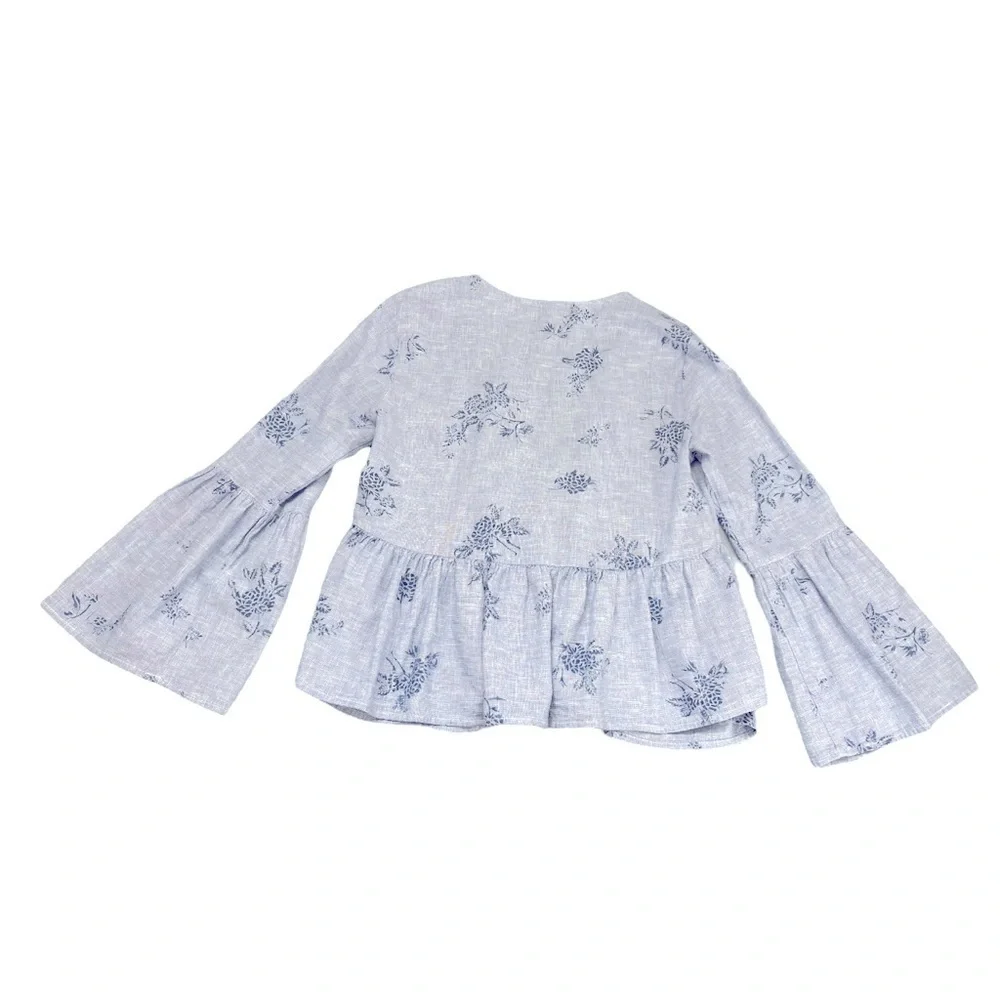 ZARA 100% cotton denim chambray bohemian smock peasant top with floral design - Picture 10 of 12